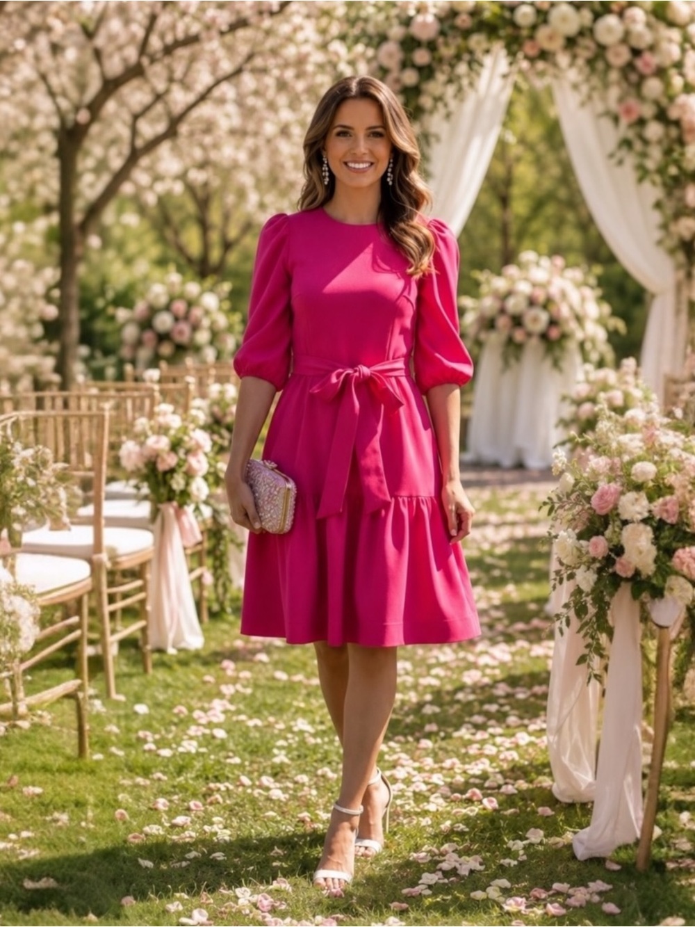 Adina Las Vegas Hot Pink Wedding Guest Dress Size Small Belted Waist Ruffle Hem